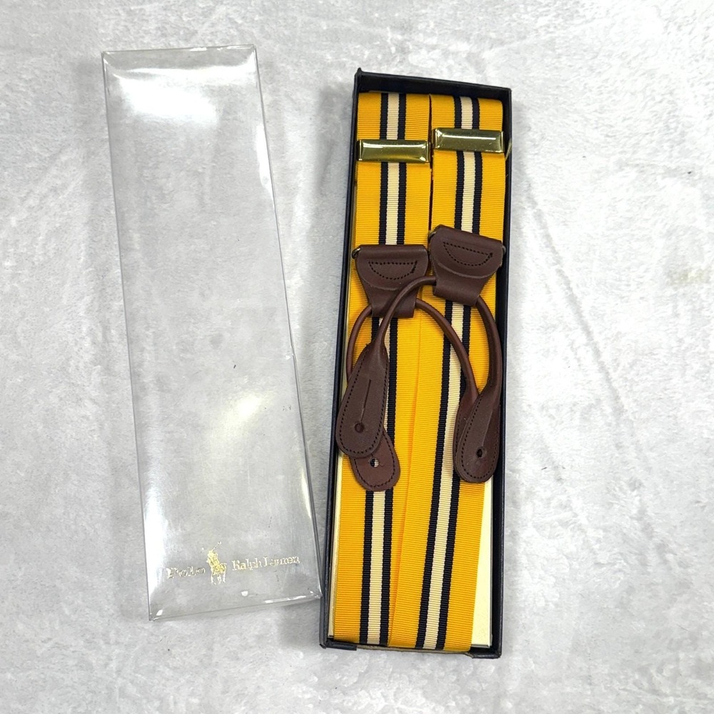 Vintage Polo Ralph Lauren Suspenders Yellow Striped Formal Leather Ends